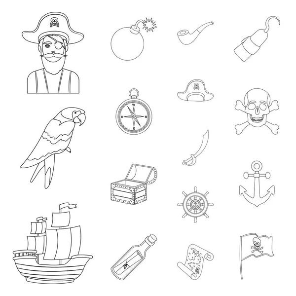 Pirata, ladrão de mar delinear ícones na coleção de conjuntos para o design. Tesouros, atributos símbolo vetorial ilustração web . —  Vetores de Stock