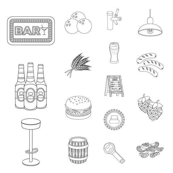 Pub, inredning och utrustning disposition ikoner i set insamling för design. Alkohol och mat vektor symbol lager web illustration. — Stock vektor