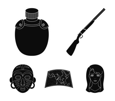Av tüfeği, case, harita, Afrika maskesi şişeye. Afrika safari toplama simgeler siyah stil vektör simge stok çizim web içinde ayarla..
