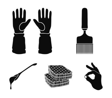 Tatlım, koruyucu eldiven, bir Petek Bal ile bir çatal kaşık. Arı kovanı toplama simgeler düz stil vektör simge stok çizim web içinde ayarla..