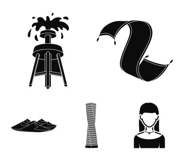 Farsça halı, çöl, Shanghai kule, petrol kuyusu kum tepelerine. Arap Emirlikleri toplama simgeler siyah stil vektör simge stok çizim web içinde ayarla..