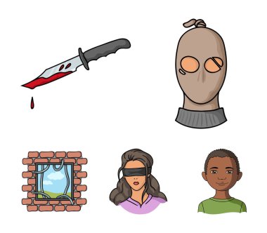 Bir hırsız bir maske, kanlı bir bıçak, bir rehine, hapishaneden kaçış. Suç toplama simgeler karikatür tarzı vektör simge stok çizim web içinde ayarla..