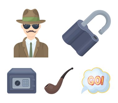 Kilit kesmek, güvenli, içilmeyen bir kanal, özel dedektif. Dedektif toplama simgeler karikatür tarzı vektör simge stok çizim web içinde ayarla..