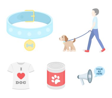 Bir köpek, bir madalya, yiyecek, köpek severim bir T-shirt ile bir yaka ile bir adam girer. Köpek toplama simgeler karikatür tarzı vektör simge stok çizim web içinde ayarla..