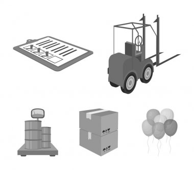 Forklift, Teslimat makbuzları, paketlenmiş ürünler, Terazi tartı üzerinde kargo. Lojistik ve dağıtım toplama simgeler tek renkli stil izometrik vektör simge stok çizim web ayarla.