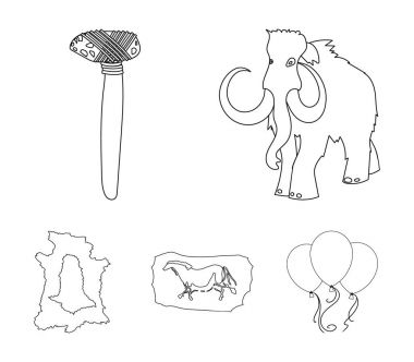 İlkel, mamut, silahlar, çekiç. Taş Devri toplama simgeler anahat stili vektör simge stok çizim web içinde ayarla..