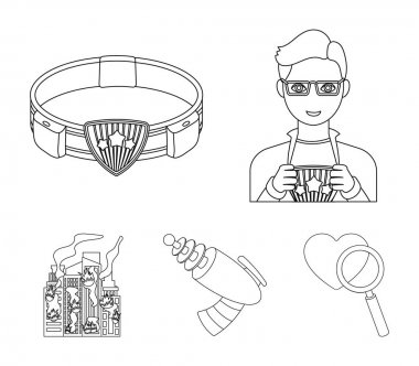 Adam, genç, gözlük ve diğer web simgesi anahat tarzı. Süpermen, kemer, küme koleksiyon silah simgeleri.