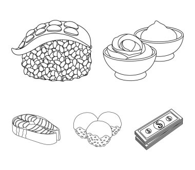 Wasabi sosu ve zencefil, somon steak, ahtapot. Suşi toplama simgeler tek renkli stil vektör simge stok çizim web içinde ayarla..