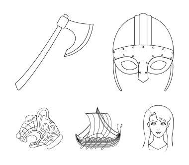 Viking kask, savaş baltası, çaylak Kalkanlar, ejderha, hazine ile kürek üzerinde. Vikingler toplama simgeler anahat stili vektör simge stok çizim web içinde ayarla..