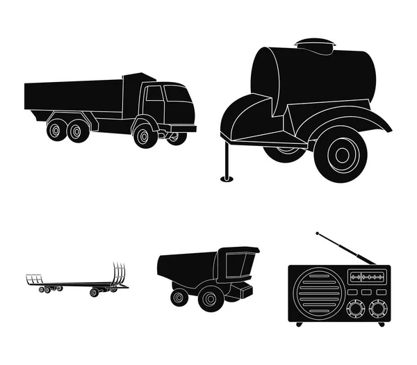 Trailer med en fat-, lastbils- och andra jordbruks-apparater. Jordbruksmaskiner som samling ikoner i svart stil vektor symbol stock illustration web. — Stock vektor