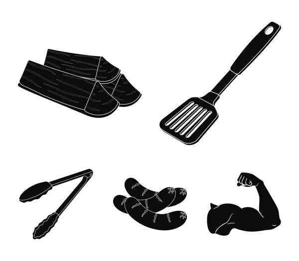 Kuchyňské nože, palivové dříví, klobásy a další pro grilování. Grilovací sada kolekce ikon v černém stylu vektor symbol skladem ilustrace web. — Stockový vektor