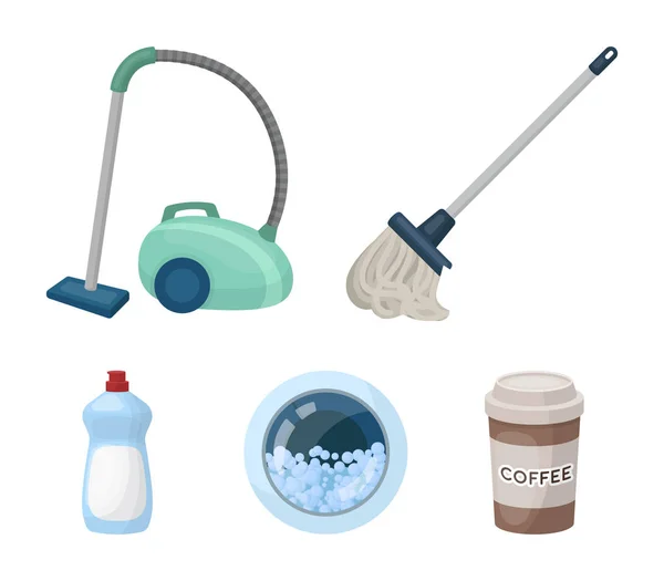 En mopp med ett handtag för att tvätta golv, en grön dammsugare, ett fönster i tvättmaskin med vatten och skum, en flaska med rengöringsmedel. Rengöring set samling ikoner i tecknad stil vektor — Stock vektor