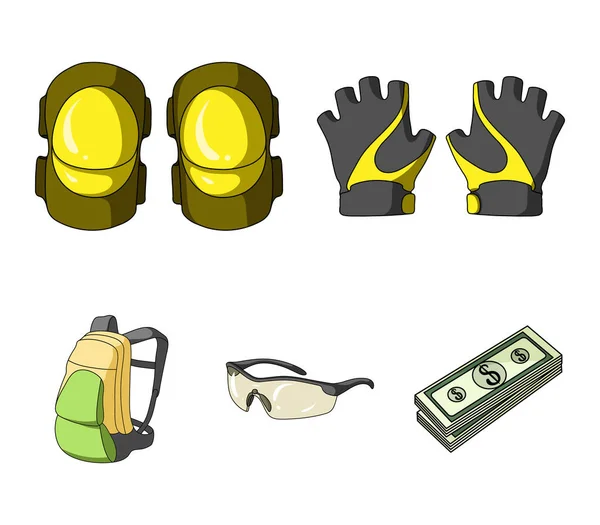 Guantes, coderas, gafas, mochila ciclista. Traje de ciclista conjunto de iconos de la colección en el estilo de dibujos animados vector símbolo stock ilustración web . — Vector de stock