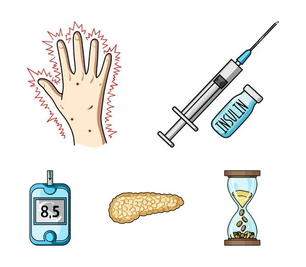 Spruta med insulin, bukspottkörteln, Glukometer, hand diabetiker. Diabet som samling ikoner i tecknad stil vektor symbol stock illustration web. — Stock vektor