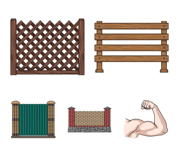 金属やレンガ、木製の柵のフェンス。別のフェンスは、漫画スタイルのベクトル シンボル ストック イラスト web でコレクション アイコンを設定. — ストックベクタ