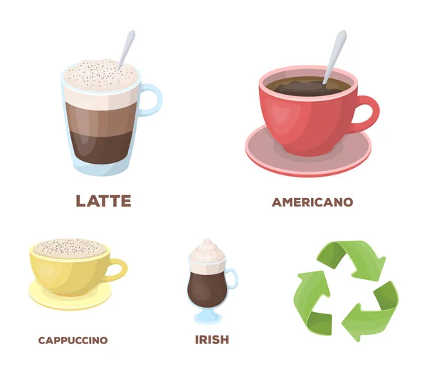 Americano, tarde, irlandês, cappuccino.Different tipos de ícones de coleção de conjunto de café em desenho animado estilo vetor símbolo estoque ilustração web . — Vetor de Stock