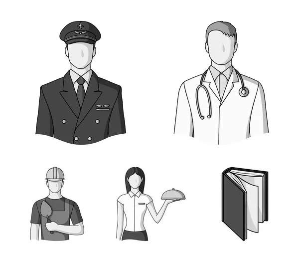De arts, de piloot, de serveerster, de bouwer, de mason. Beroep ingesteld collectie iconen in zwart-wit stijl vector symbool stock illustratie web. — Stockvector