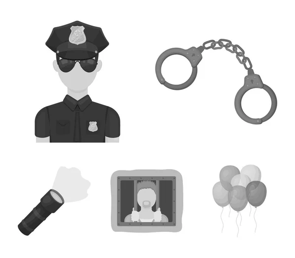 Esposas, policía, prisionero, linterna. Iconos de colección conjunto de policía en el estilo monocromo vector símbolo stock ilustración web . — Archivo Imágenes Vectoriales