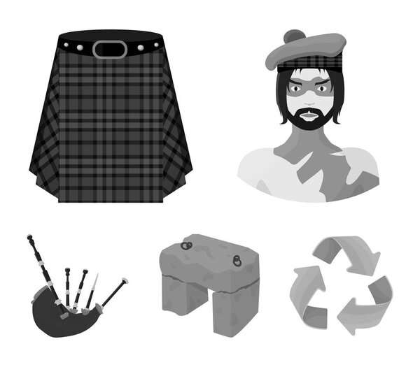 Highlander, Scottish Viking, tartan, kilt, scottish skirt, scone stone, national musical instrument of bagpipes. Scotland set collection icons in monochrome style vector symbol stock illustration web.