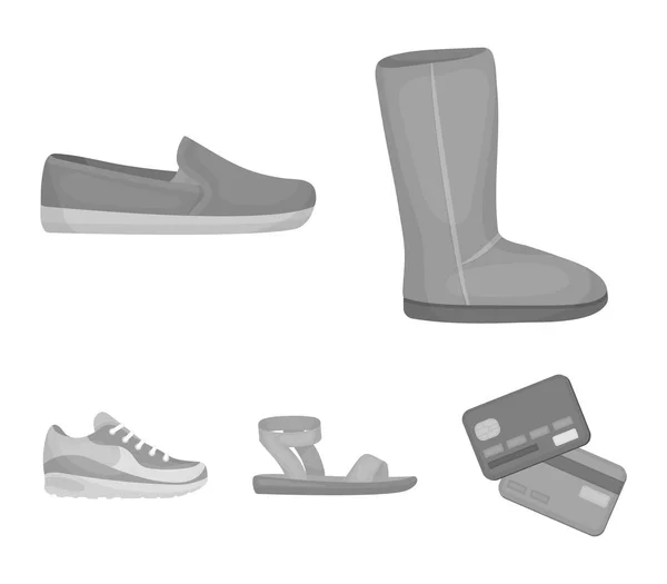 Kürk, kahverengi makosen beyaz bir tek, bir raptiye ile sandaletler, beyaz ve mavi spor ayakkabıları ile bej ugg botlar. Ayakkabı toplama simgeler tek renkli stil vektör simge stok çizim web içinde ayarla.. — Stok Vektör