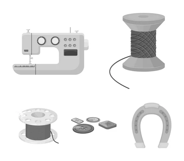 Carrete de rosca, máquina de coser, bobina, pugwitz y otros equipos. Iconos de colección conjunto de costura y equipo en el estilo monocromo vector símbolo stock ilustración web . — Vector de stock