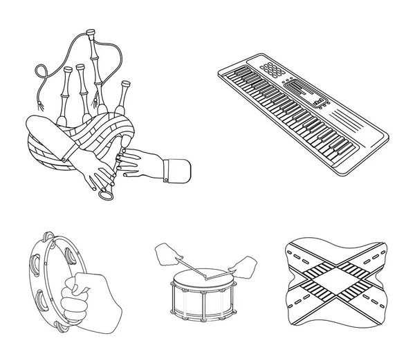 Mélodies de synthétiseur, cornemuse Scotch et autres icônes web dans le style contour. tambour, rouleau de tambour, tambourin à la main icônes dans la collection ensemble . — Image vectorielle