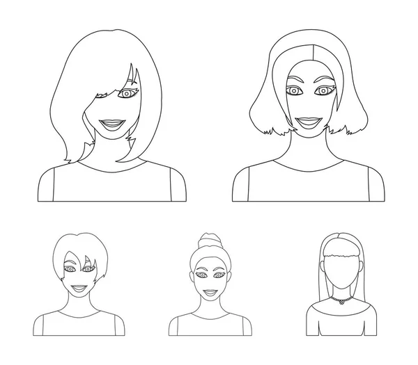 Types of female hairstyles outline icons in set collection for design. Appearance of a woman vector symbol stock web illustration. — Stock Vector