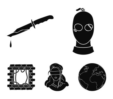 Bir hırsız bir maske, kanlı bir bıçak, bir rehine, hapishaneden kaçış. Suç toplama simgeler siyah stil vektör simge stok çizim web içinde ayarla..