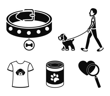 Bir köpek, bir madalya, yiyecek, köpek severim bir T-shirt ile bir yaka ile bir adam girer. Köpek toplama simgeler siyah stil vektör simge stok çizim web içinde ayarla..