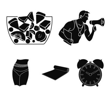 Kişisel antrenör, meyve salatası, mat, kadın bel. Fitnes toplama simgeler siyah stil vektör simge stok çizim web içinde ayarla..