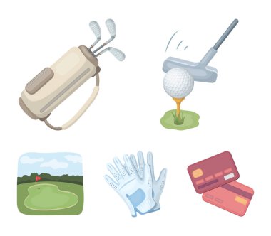 Bir golf kulübü, sopa, eldiven, bir golf sahası ile çanta topla. Golf club toplama simgeler karikatür tarzı vektör simge stok çizim web içinde ayarla..