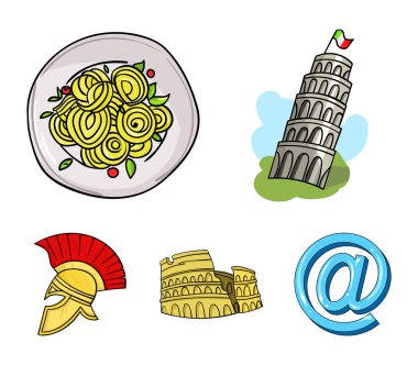 Pisa Kulesi, makarna, coliseum, Çöl Kaplanı kask. İtalya ülke toplama simgeler karikatür tarzı vektör simge stok çizim web içinde ayarla..