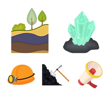 Kristaller, kömür dikiş, kazma, kask ile bir fener. Benim karikatür tarzı vektör simge stok çizim web simgeler ayarlamak.