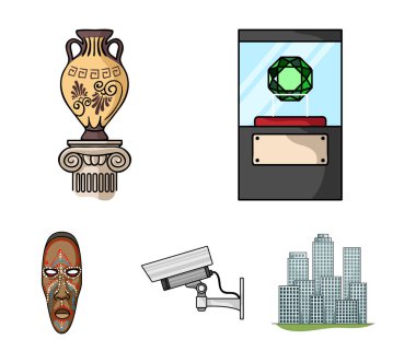 Bir elmas, bir vazo bir stand, bir güvenlik kamerasının, bir Afrika maskesi. Müzesi toplama simgeler karikatür tarzı vektör simge stok çizim web içinde ayarla..