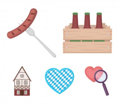 Kutu bira, Kızarmış sosis, festival, Bavyera yazlık kalp ile. Oktoberfest toplama simgeler karikatür tarzı vektör simge stok çizim web içinde ayarla..