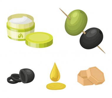 Zeytin şiş üzerinde. Siyah Zeytin, kremi bir kavanoz, bir damla yağı parçası. Zeytin toplama simgeler karikatür tarzı vektör simge stok çizim web içinde ayarla..
