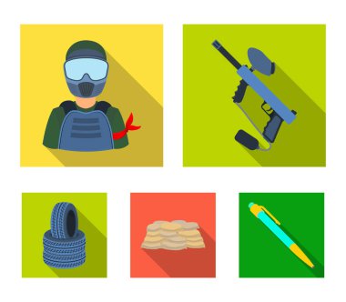 Paintball marker, oyuncu ve diğer aksesuarları. Paintball tek kutsal kişilerin resmi içinde düz stil vektör simge stok çizim web.