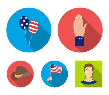 Balonlar, ulusal bayrak, kovboy şapkası, el palm. Vatansever gün toplama simgeler düz stil vektör simge stok çizim web içinde ayarla..