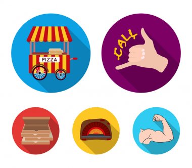 Pizza jest, pizza, fırın, römork kutusu sipariş. Pizza ve pizza toplama simgeler düz stil vektör simge stok çizim web ayarla.