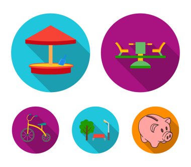 Carousel, kum, park, üç tekerlekli bisiklet. Bahçesi toplama simgeler düz stil vektör simge stok çizim web içinde ayarla..