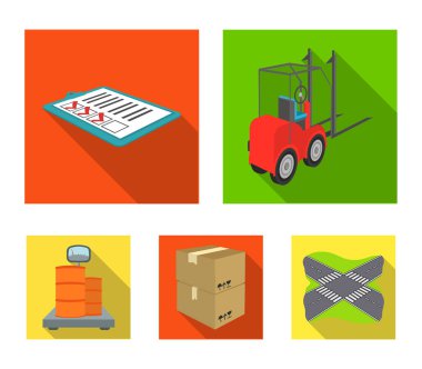 Forklift, Teslimat makbuzları, paketlenmiş ürünler, Terazi tartı üzerinde kargo. Lojistik ve dağıtım toplama simgeler düz stil izometrik vektör simge stok çizim web ayarla.
