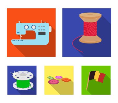 İplik makaraları, dikiş makinesi, bobin, pugwitz ve diğer ekipmanlar. Dikiş ve ekipman toplama simgeler düz stil vektör simge stok çizim web ayarla.