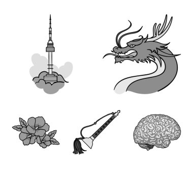Bıyık, Seul Kulesi, ulusal müzik aleti, hibiscus çiçek ile Dragon. Güney Kore toplama simgeler tek renkli stil vektör simge stok çizim web içinde ayarla..