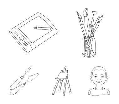 Fırçalar, bir çizim kurulu, bir tuval, boya bıçak ile bir şövale bankayla. Sanatçı ve anahat stili vektör simge stok çizim web çizim küme koleksiyon simgeler.