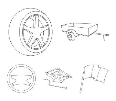 Karavan, tekerlek lastiği ile kapak, mekanik jack, direksiyon simidi, araba toplama simgeler anahat stili vektör simge stok çizim web içinde ayarlayın..