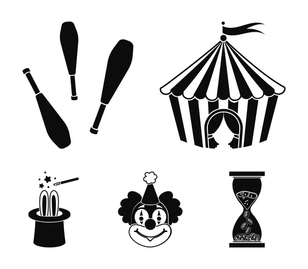 Tente de cirque, messes de jongleur, clown, chapeaux de magiciens. Ensemble de cirque icônes de collection en style noir symbole vectoriel illustration web . — Image vectorielle