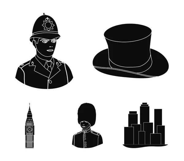 Angleterre, gentleman, chapeau, officier .England pays mis icônes de collection en noir style vectoriel symbole illustration web . — Image vectorielle