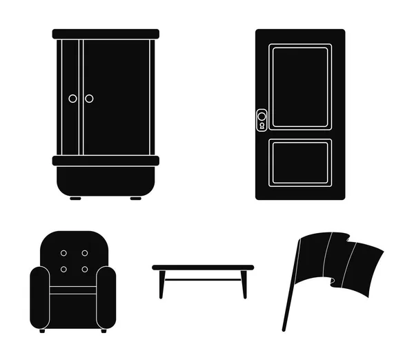 Двері, душ, журнальний столик, крісло. Меблевий набір колекційних значків у чорному стилі Векторний символ стокової ілюстрації Інтернет . — стоковий вектор