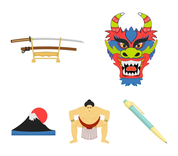 Maska smok, katano, człowiek jest zawodnikiem sumo, Góra fujiama. Japonia zestaw kolekcji ikon w www czas ilustracja kreskówka styl wektor symbol. — Wektor stockowy