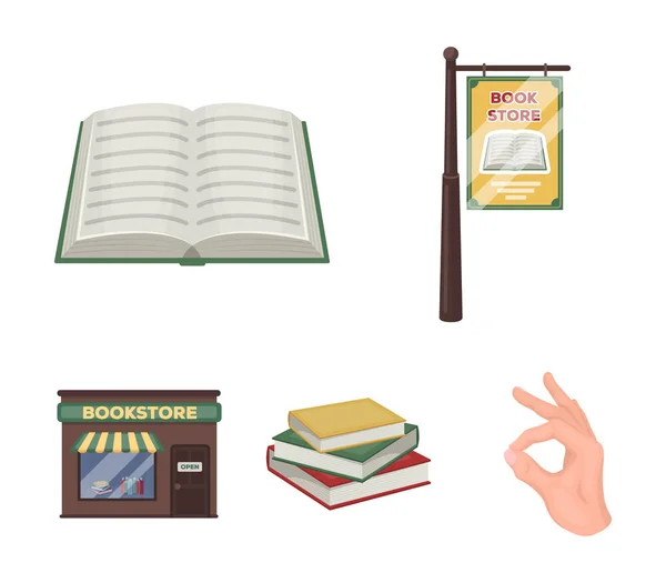 Dávaného, knihkupectví, hromadu knih, jako otevřená kniha. Knihovna a knihkupectví sada kolekce ikon v kreslený styl vektor symbol akcií ilustrace web. — Stockový vektor